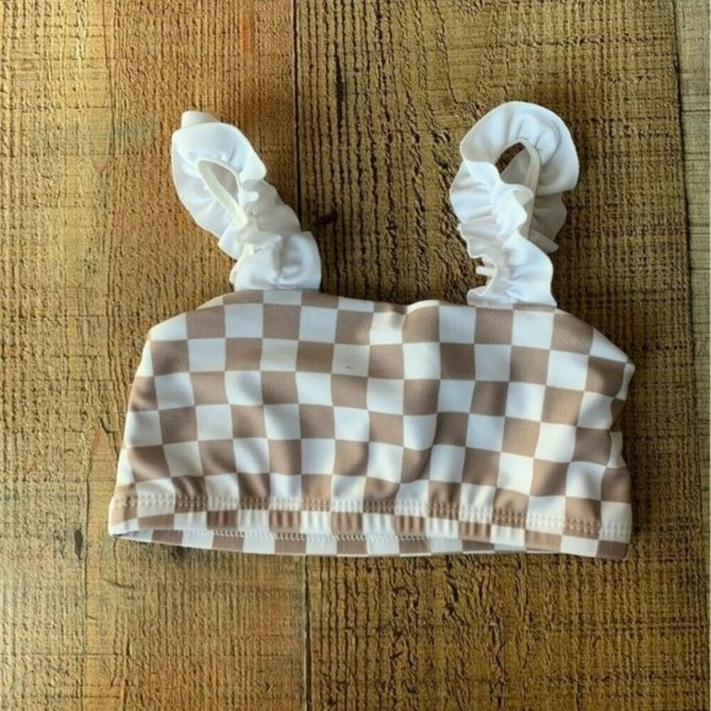 Orcas Lucille baby girls tan and white checkered swimsuit top with ruffle sleeve